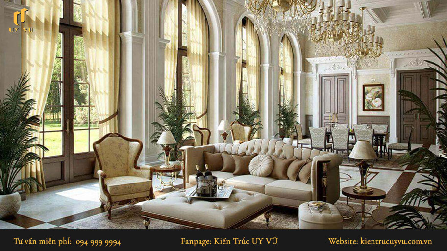 Thiết kế nội thất cổ điển - Khái niệm, ưu nhược điểm & các thiết kế đẹp Bộ bàn ghế trang trí phòng khách có kiểu dáng cổ điển.