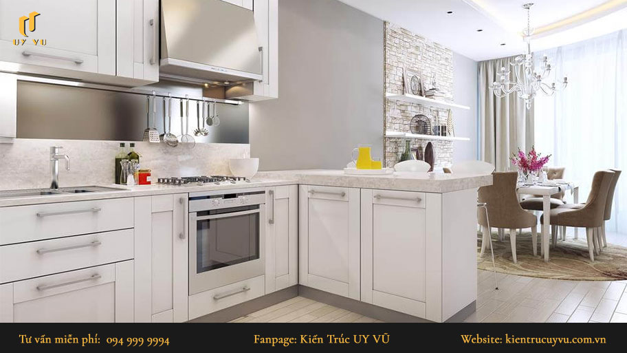 Thiết kế nội thất tân cổ điển: Khái niệm, đặc trưng & mẫu thiết kế đẹp Thiết kế tân cổ điển của phòng bếp sử dụng gam màu sáng.