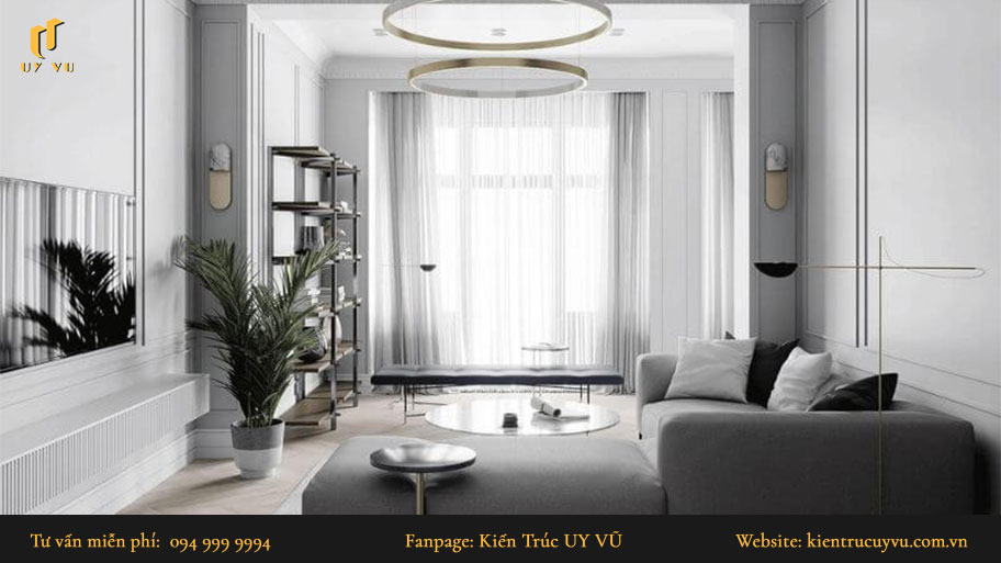 Thiết kế nội thất tân cổ điển: Khái niệm, đặc trưng & mẫu thiết kế đẹp Phòng khách được thiết kế theo phong cách tân cổ điển với gam màu xám chủ đạo.