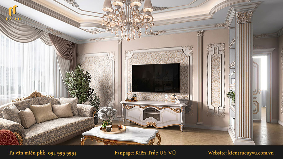 Thiết kế nội thất cổ điển - Khái niệm, ưu nhược điểm & các thiết kế đẹp Bức tường phòng khách được khắc những hoa văn, họa tiết cổ điển.