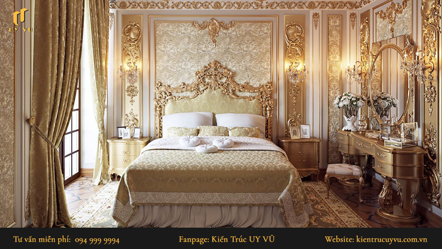 Thiết kế nội thất cổ điển - Khái niệm, ưu nhược điểm & các thiết kế đẹp Phòng ngủ được trang trí họa tiết hoa văn lớn dọc theo đường gờ của căn phòng.