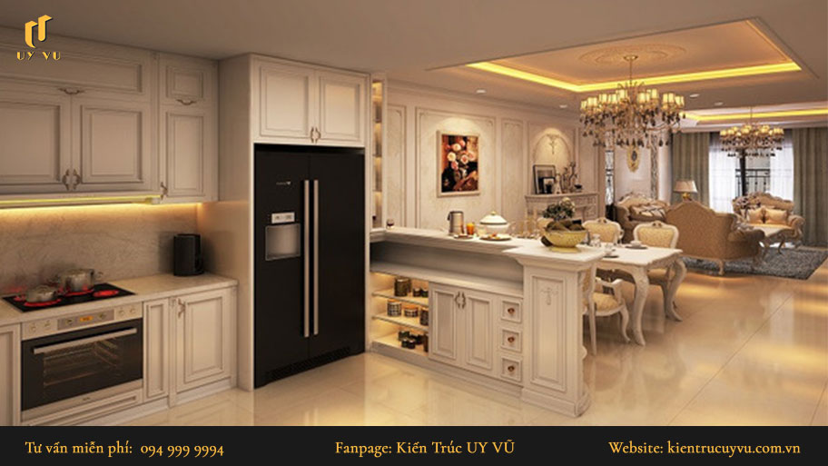 Thiết kế nội thất tân cổ điển: Khái niệm, đặc trưng & mẫu thiết kế đẹp Nội thất phòng bếp với những hoa văn cầu kỳ.