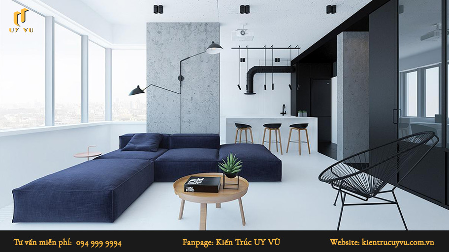 Phong cách thiết kế nội thất tối giản: Khái niệm & mẫu thiết kế đẹp Nội thất có sự kết hợp của 3 màu xanh, trắng và xám.
