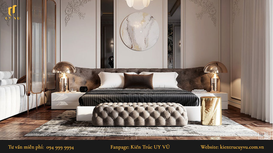 Thiết kế nội thất tân cổ điển: Khái niệm, đặc trưng & mẫu thiết kế đẹp Thiết kế nội thất tân cổ điển của phòng ngủ theo nguyên tắc đối xứng.
