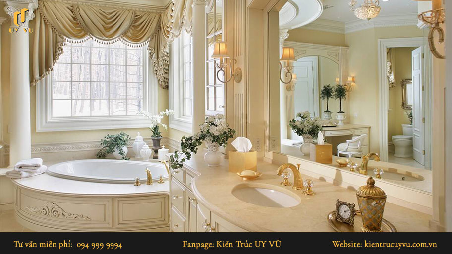 Thiết kế nội thất cổ điển - Khái niệm, ưu nhược điểm & các thiết kế đẹp Phòng tắm với những nội thất có hoa văn cổ điển đem lại cảm giác quý phái.
