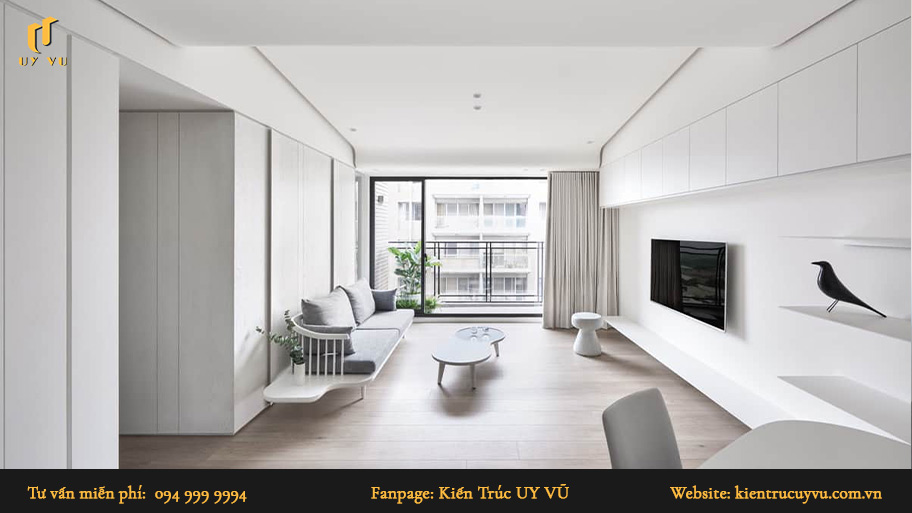 Phong cách thiết kế nội thất tối giản: Khái niệm & mẫu thiết kế đẹp Không gian sống sử dụng màu đơn sắc trắng làm màu chủ đạo.