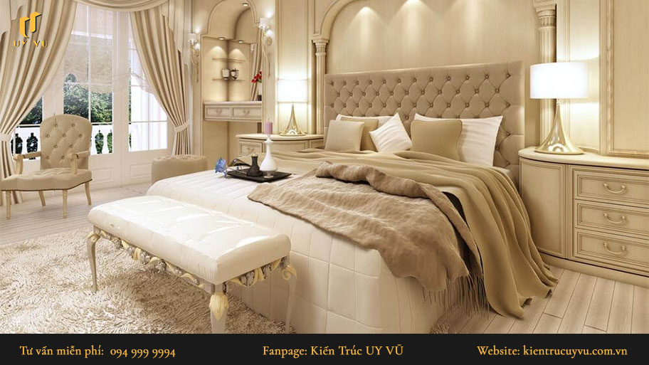 Thiết kế nội thất tân cổ điển: Khái niệm, đặc trưng & mẫu thiết kế đẹp Phòng ngủ khi được thiết kế theo phong cách tân cổ điển sẽ dựa theo nguyên tắc đối xứng.