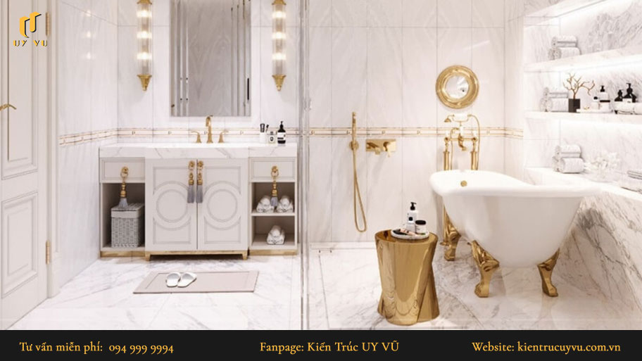 Thiết kế nội thất tân cổ điển: Khái niệm, đặc trưng & mẫu thiết kế đẹp Thiết kế nội thất phong cách tân cổ điển trong phòng tắm cũng tuân theo quy tắc đối xứng trong việc bố trí gương, lavabo, kệ, tủ đồ