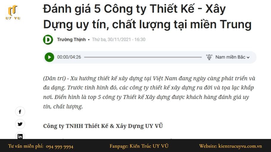 Uy Vũ đứng #1 công ty xây dựng Miền Trung theo báo Dân Trí Uy Vũ đứng top 1 theo đánh giá báo Dân Trí