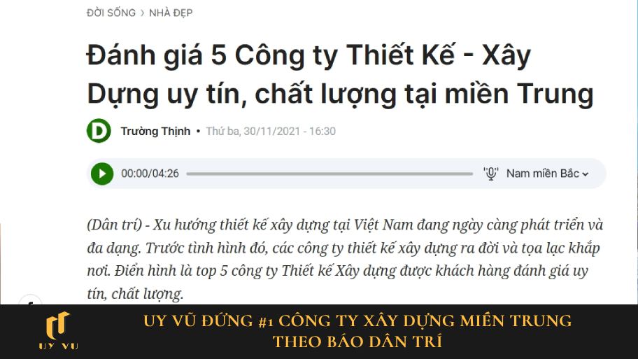 Uy Vũ đứng #1 công ty xây dựng Miền Trung theo báo Dân Trí Uy Vũ trên báo Dân Trí
