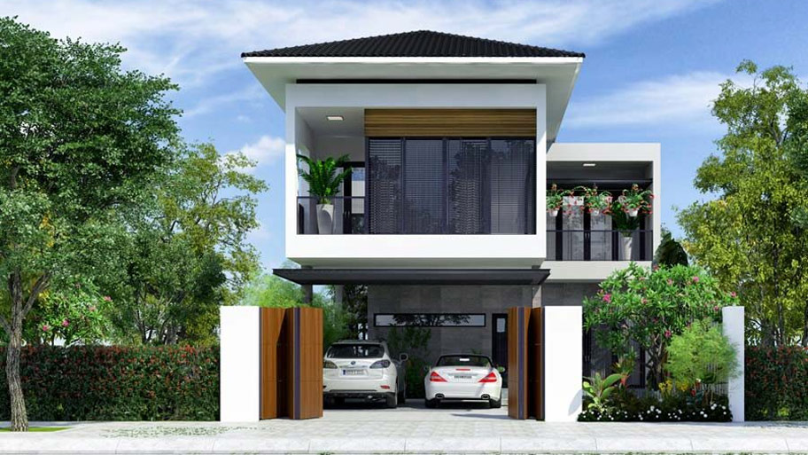 Những mẫu thiết kế nhà vuông 10m phố biến năm 2025 Mẫu thiết kế nhà vuông 100m2 có gara ô tô