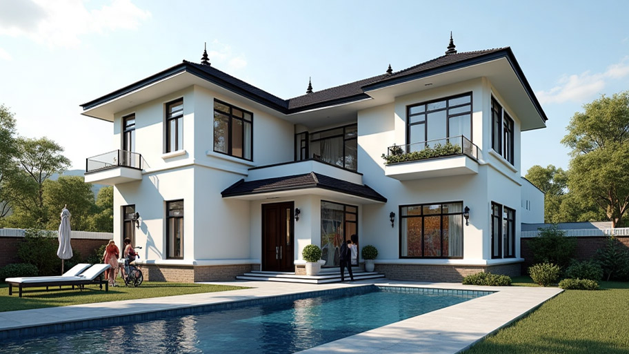 Thiết kế nhà hình chữ L ngược - Góc nhìn kiến trúc & phong thủy Mẫu thiết kế nhà hình chữ L ngược có hồ bơi