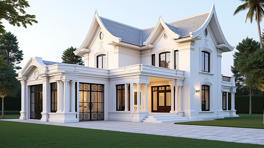 Thiết kế nhà hình chữ L ngược - Góc nhìn kiến trúc & phong thủy Mẫu thiết kế nhà hình chữ L ngược phong cách tân cổ điển