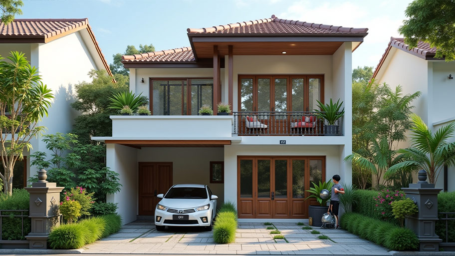 Thiết kế nhà mái Nhật – Xu hướng tinh tế, hiện đại cho không gian sống Mẫu thiết kế nhà mái Nhật có gara