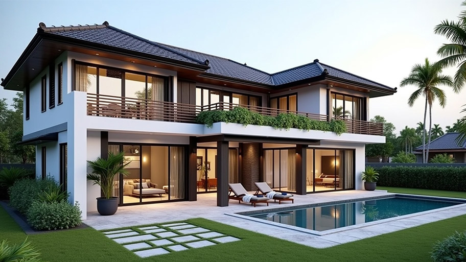Thiết kế nhà mái Nhật – Xu hướng tinh tế, hiện đại cho không gian sống Mẫu thiết kế nhà mái Nhật có hồ bơi đẹp