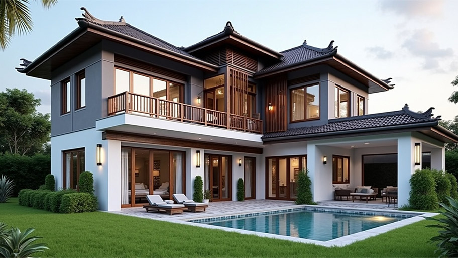 Thiết kế nhà mái Nhật – Xu hướng tinh tế, hiện đại cho không gian sống Mẫu thiết kế nhà mái Nhật có hồ bơi