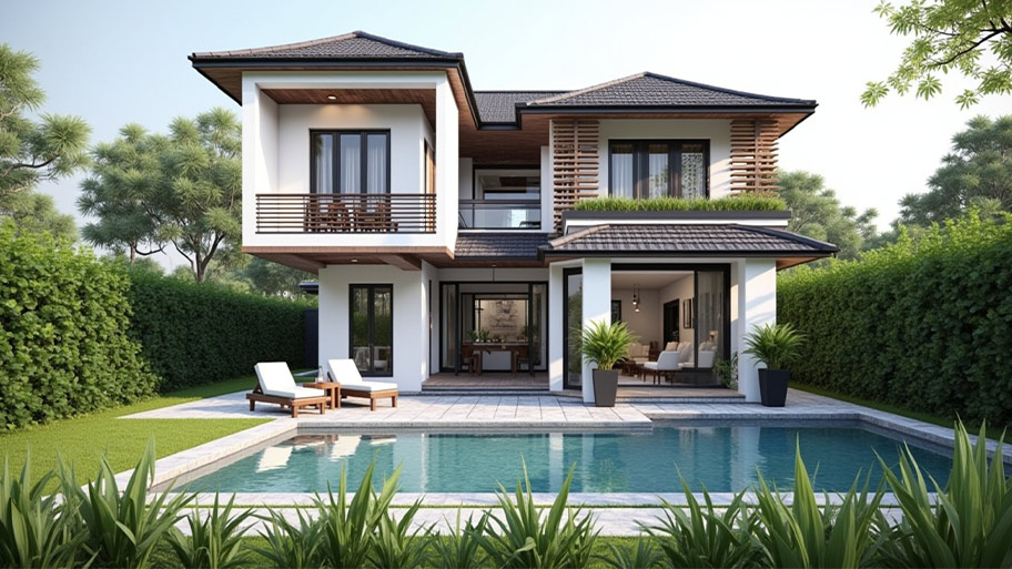 Thiết kế nhà mái Nhật – Xu hướng tinh tế, hiện đại cho không gian sống Mẫu thiết kế nhà mái Nhật đẹp có hồ bơi