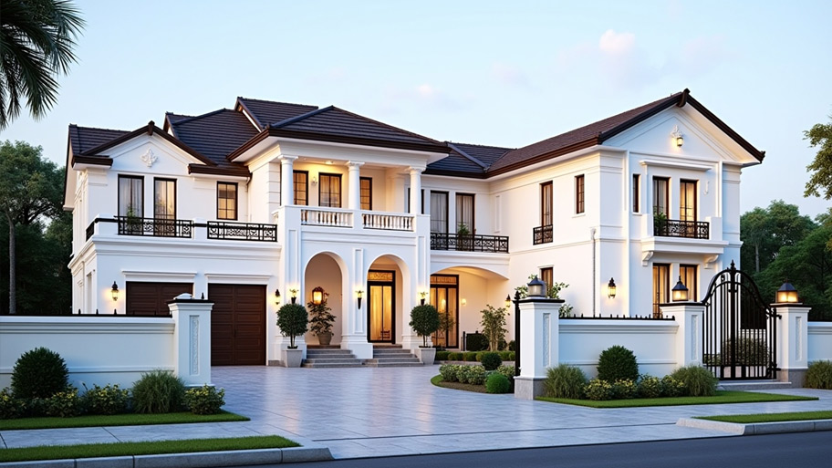 Thiết kế nhà hình chữ L ngược - Góc nhìn kiến trúc & phong thủy Nhà chữ L ngược với phong cách tân cổ điển