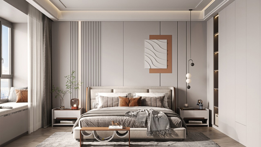 Xuýt xoa với 30 mẫu thiết kế phòng ngủ cho vợ chồng đẹp mê ly Thiết kế phòng ngủ diện tích lớn tone xám - trắng chủ đạo