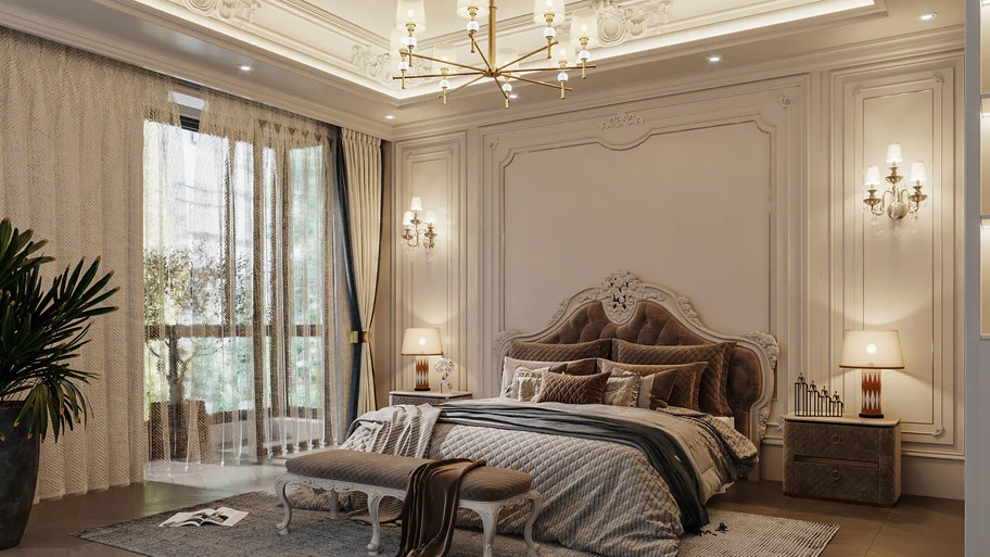 Xuýt xoa với 30 mẫu thiết kế phòng ngủ cho vợ chồng đẹp mê ly Thiết kế phòng ngủ phong cách Tân cổ điển tone trắng, nâu, be