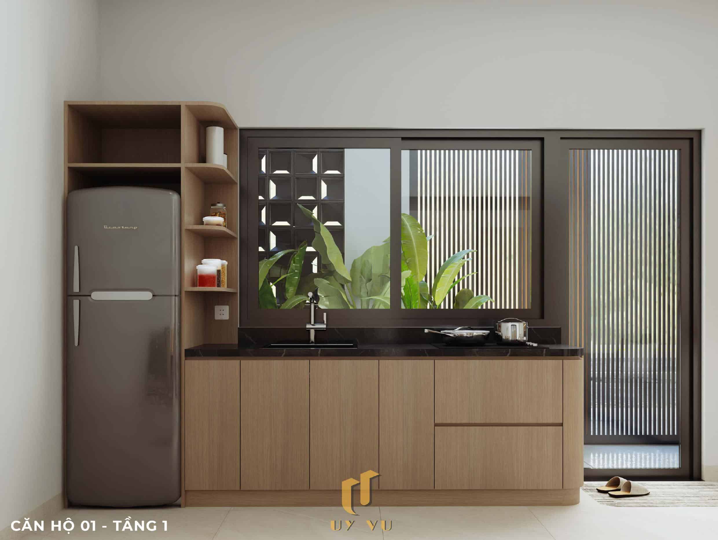 P's Apartment - Không gian sống dễ chịu cho nhịp sống đô thị Phối cảnh khu bếp căn hộ 01 tầng 1 căn hộ chị Phương Đà Nẵng