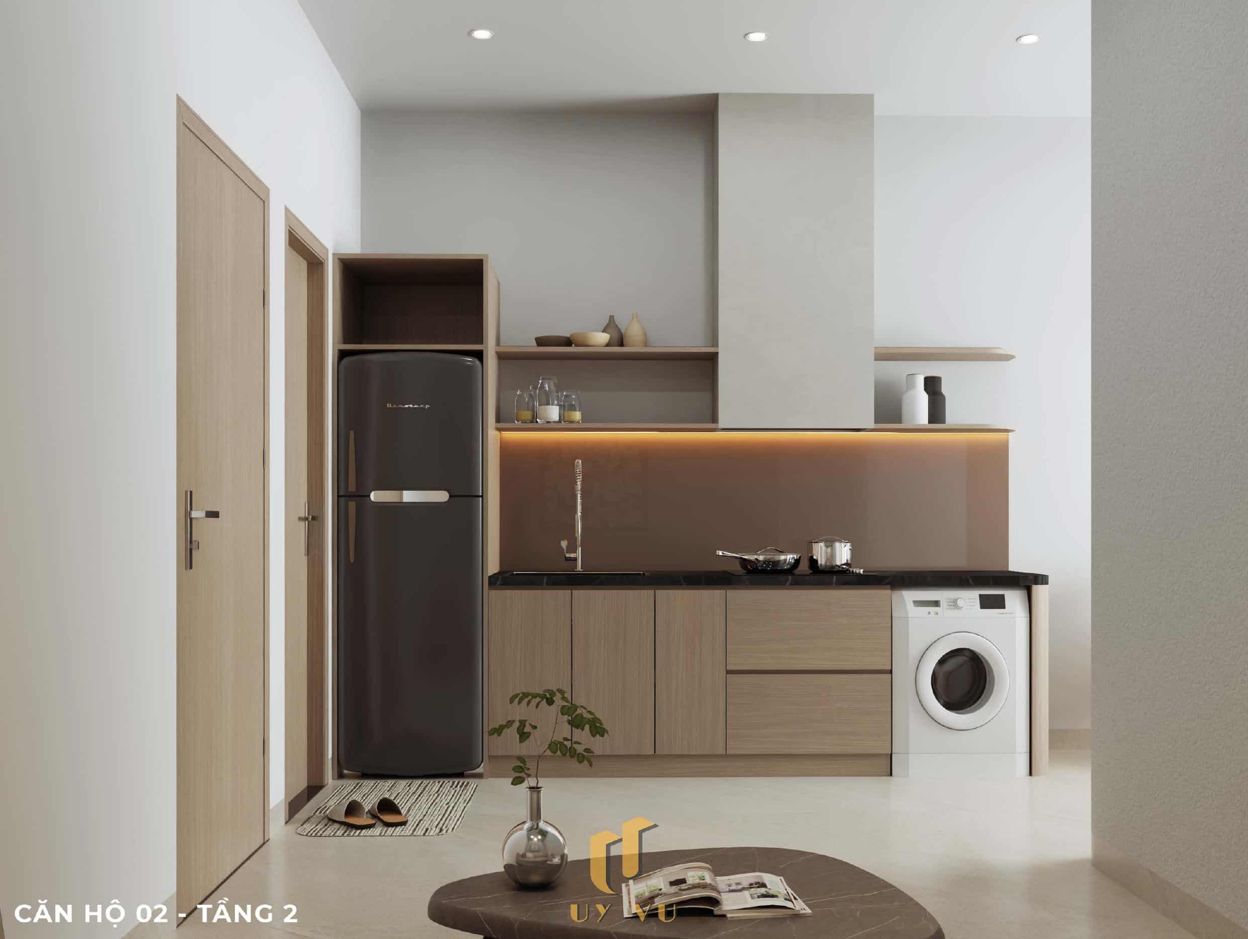 P's Apartment - Không gian sống dễ chịu cho nhịp sống đô thị Phối cảnh khu bếp căn hộ 02 tầng 2 căn hộ chị Phương Đà Nẵng