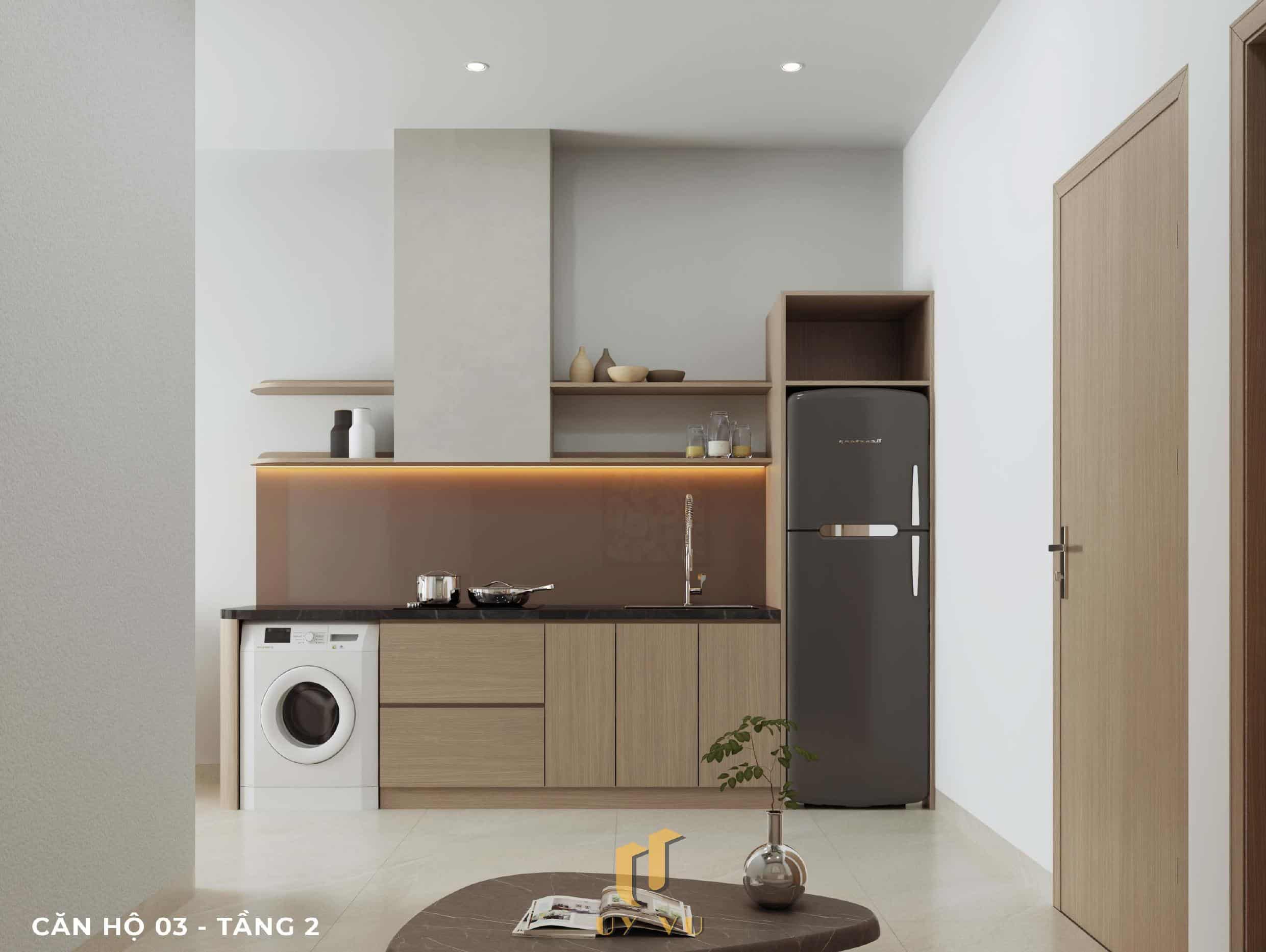 P's Apartment - Không gian sống dễ chịu cho nhịp sống đô thị Phối cảnh khu bếp căn hộ 03 tầng 2 căn hộ chị Phương Đà Nẵng