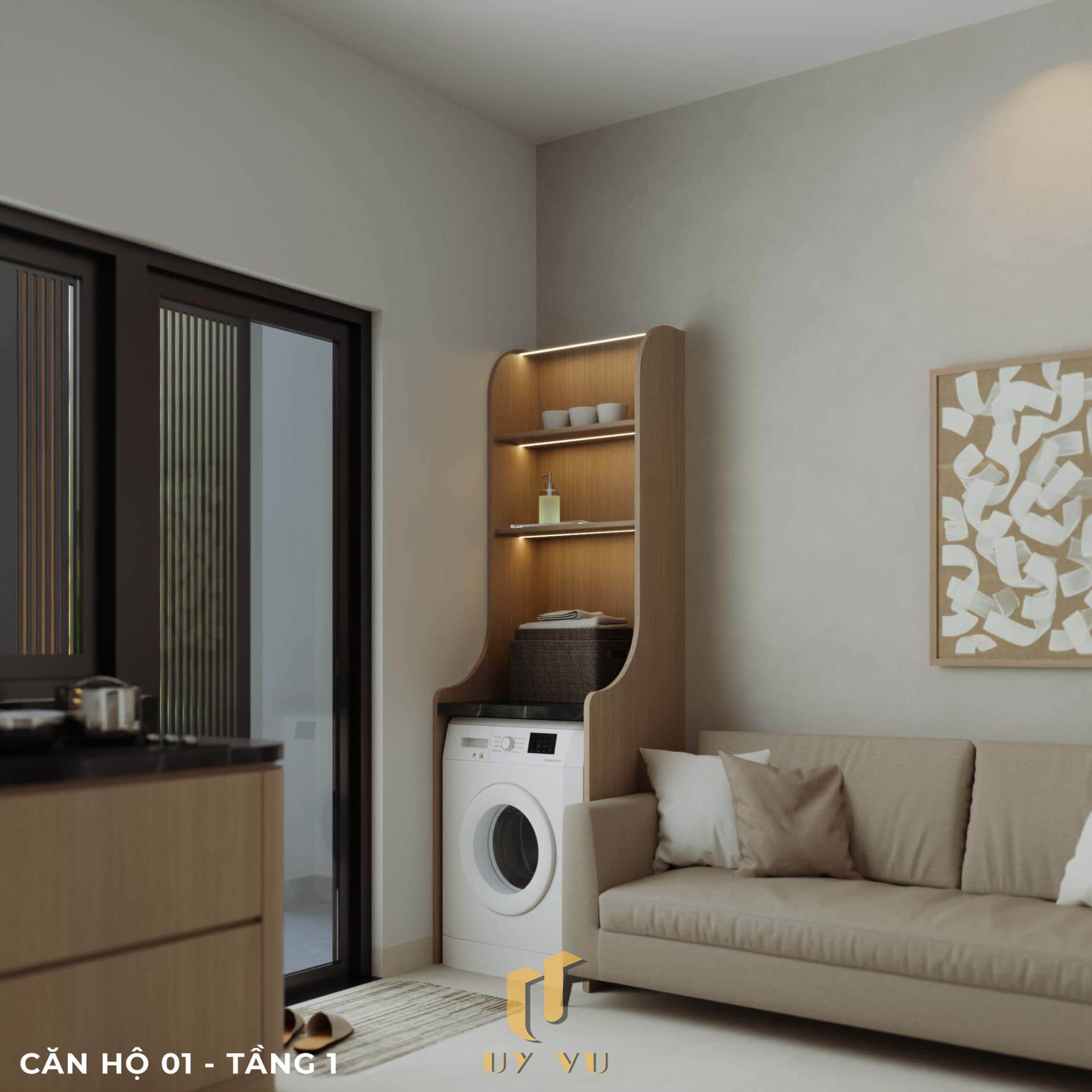 P's Apartment - Không gian sống dễ chịu cho nhịp sống đô thị Phối cảnh phòng khách căn hộ 01 tầng 1 căn hộ chị Phương Đà Nẵng