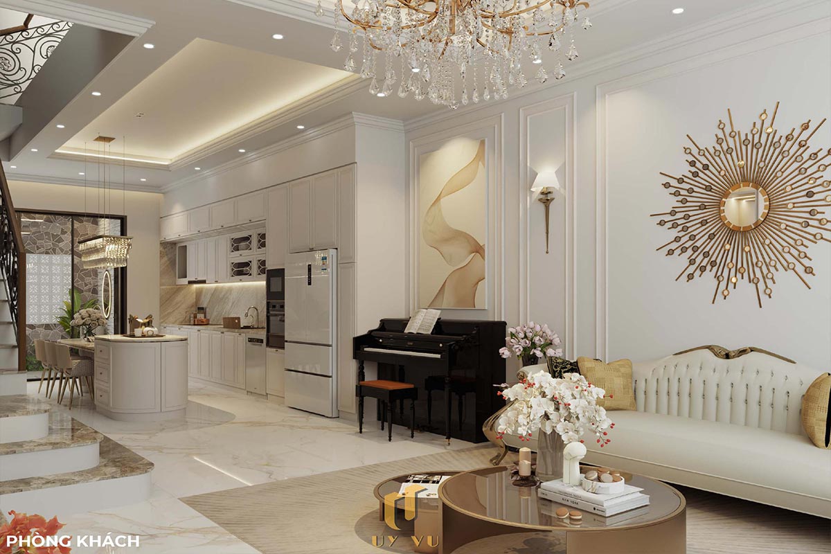 Sang trọng & đẳng cấp với mẫu nhà phố cổ điển 3 tầng - anh Hưng Toàn cảnh không gian phòng khách nhà anh Hưng chị Thoa