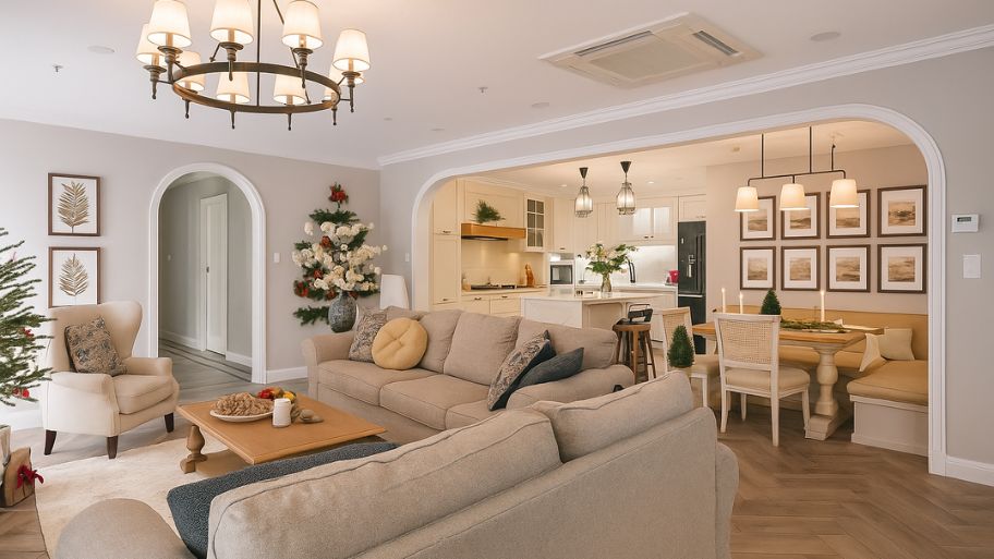 Khám phá xu hướng thiết kế nhà nhỏ cho vợ chồng trẻ năm 2025 - 2026 Thiết kế không gian mở kết nối phòng khách và bếp