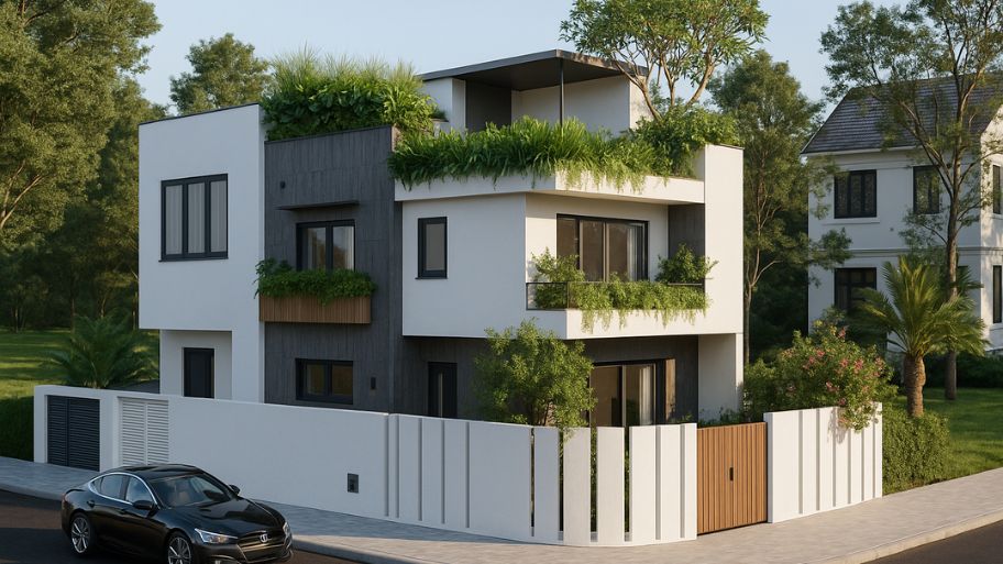 Nhà phố 2 tầng với sân thượng xanh mát