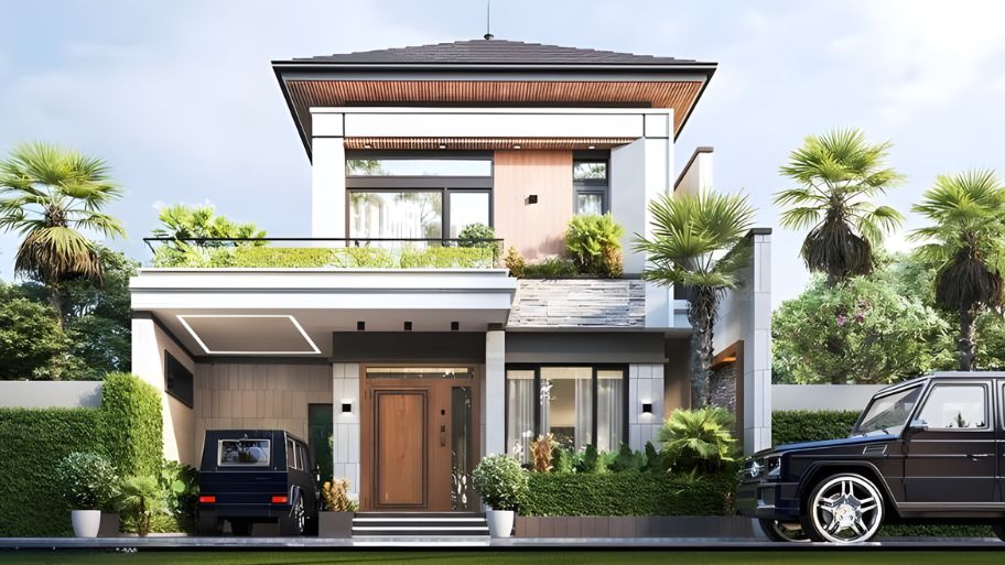 Gợi ý 6 mẫu thiết kế nhà để xe ô tô hiện đại và tối ưu diện tích Mẫu nhà phố mái Nhật có gara đẹp và hiện đại