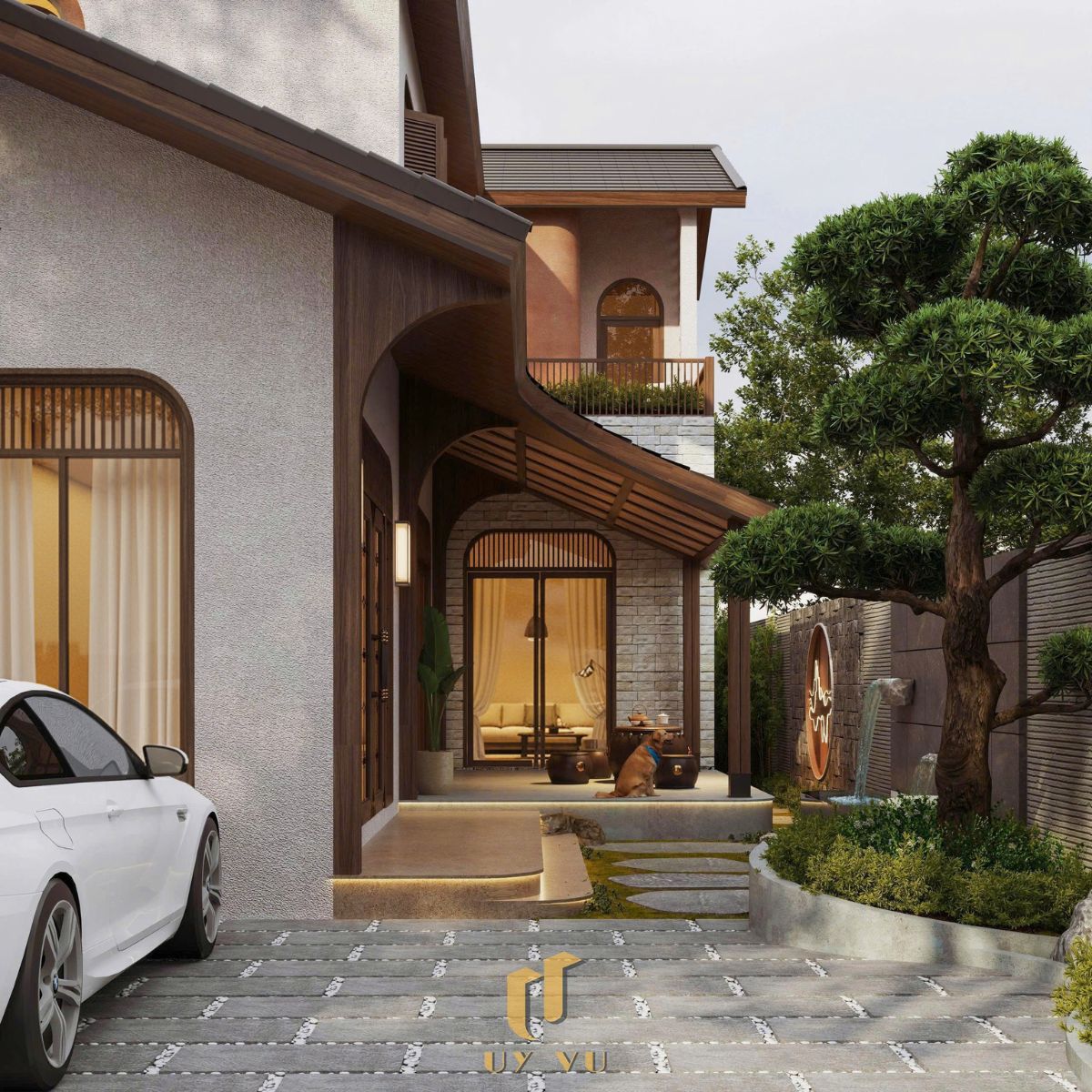 Biệt Thự Chị Yến – Thiết Kế Độc Đáo Mang Hơi Thở Thiên Nhiên Phối cảnh mặt tiền biệt thự chị Yến - An Giang