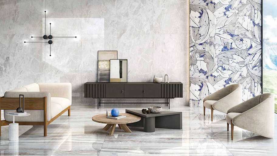 Kinh nghiệm chọn gạch ốp tường phòng khách đẹp và bền theo thời gian Bề mặt gạch ốp tường sáng bóng