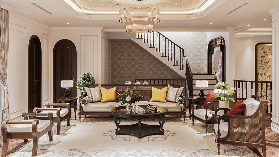 Cách bố trí không gian phù hợp với phòng khách phong cách Indochine