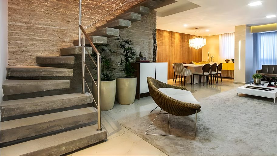 Cầu thang bê tông ốp đá/gỗ kết hợp linh hoạt nâng cao tính thẩm mỹ