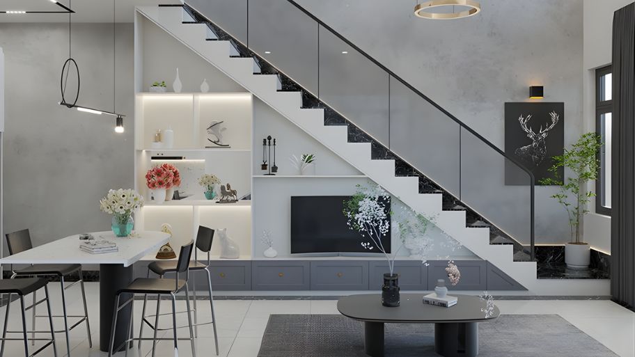 Cầu thang kính cường lực dành cho nhà ống 3m