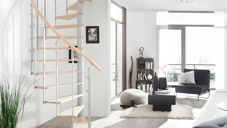 Cầu thang mẫu nhà hẹp ngang 3m kiểu uốn lượn