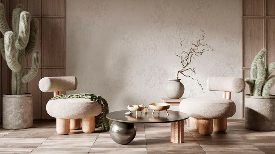 Chất liệu phù hợp với phòng khách phong cách Wabi Sabi