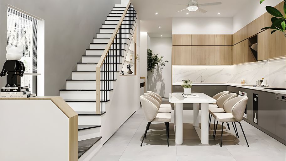 Khám phá xu hướng thiết kế nhà có cầu thang dọc độc đáo hiện nay Mẫu nhà ống 2 tầng ứng dụng cầu thang dọc thông minh