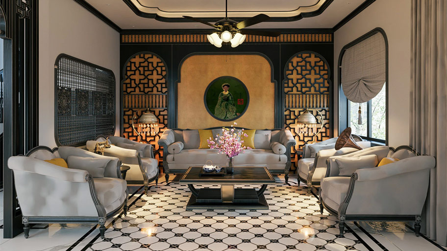 Mẫu phòng khách phong cách Đông Dương đẹp cuốn hút