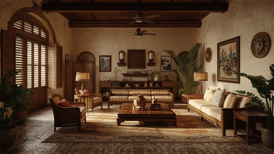 Mẫu phòng khách thiết kế theo phong cách Đông Dương