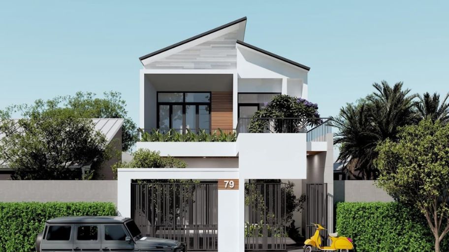 Mẫu thiết kế nhà 2 mặt tiền đẹp kết hợp kinh doanh với phong cách mái lệch