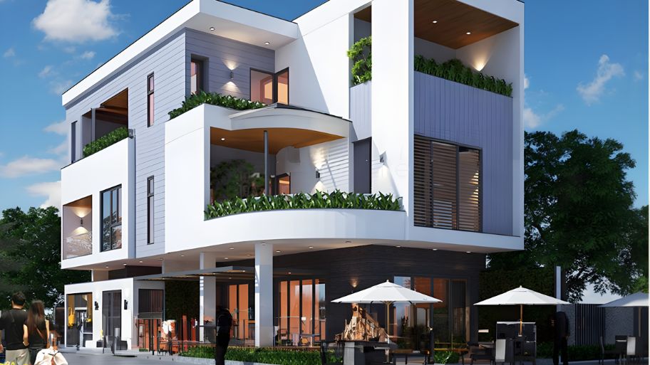 Mẫu thiết kế nhà đẹp 2 mặt tiền có mái bằng