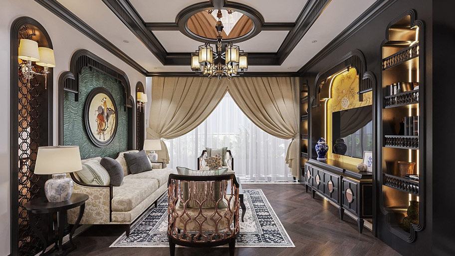 Phòng khách phong cách Indochine cho nhà phố