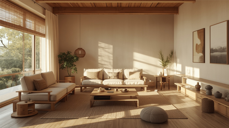 Phòng khách phong cách Japandi cho nhà phố