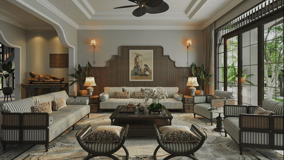 Phòng khách phong cách thiết kế Indochine đẹp mê ly