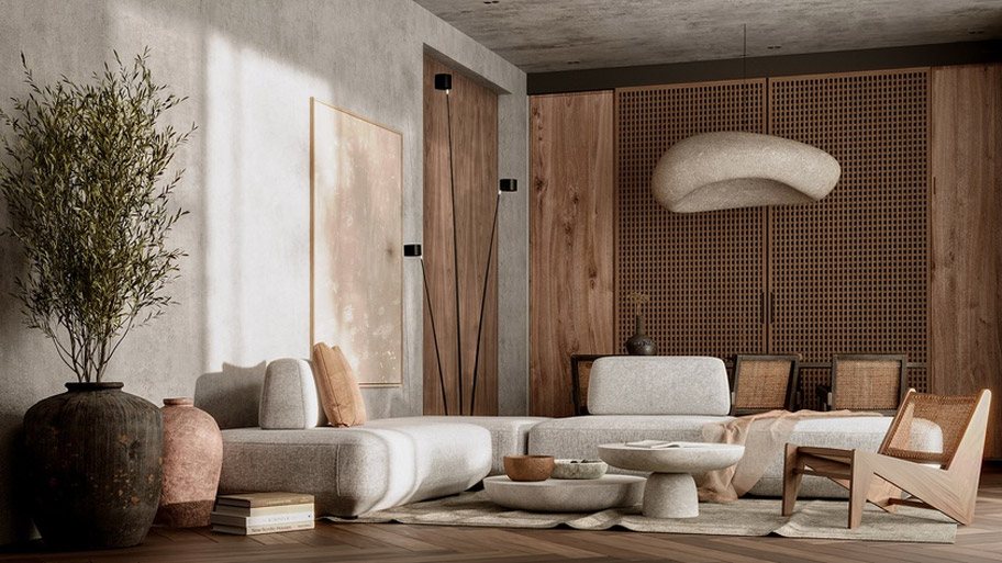 Phòng khách phong cách thiết kế Wabi Sabi đẹp mê ly