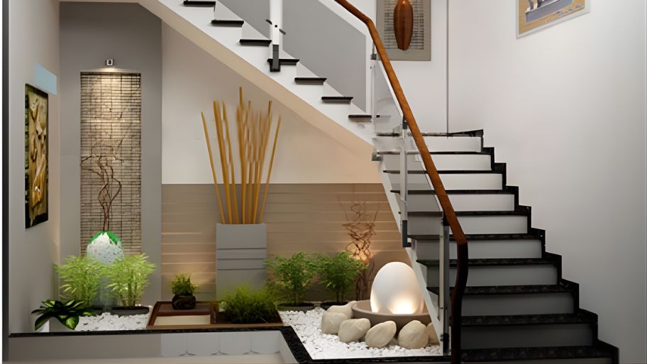 Thiết kế cầu thang cuối nhà với tiểu cảnh