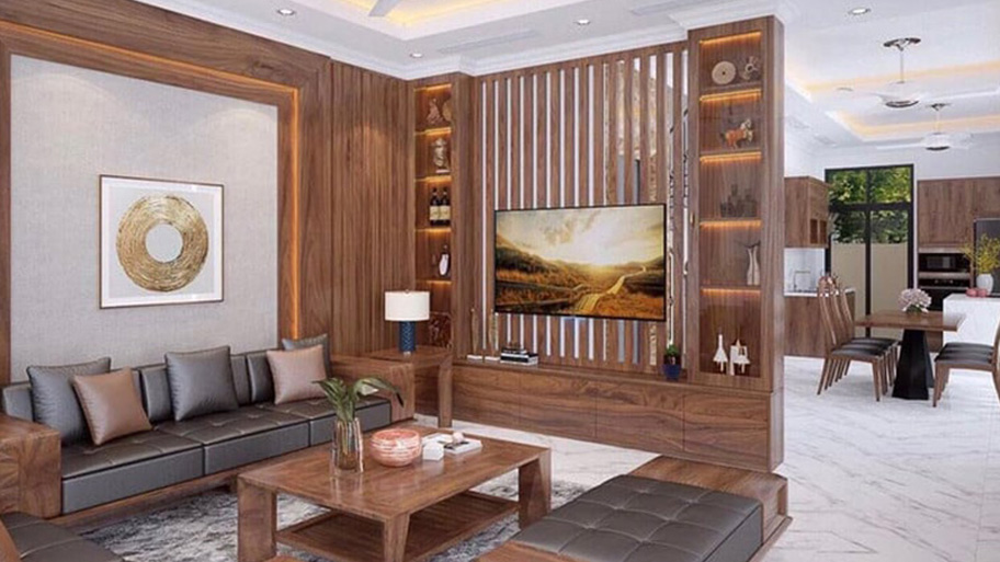 Vách ngăn phòng khách bằng gỗ